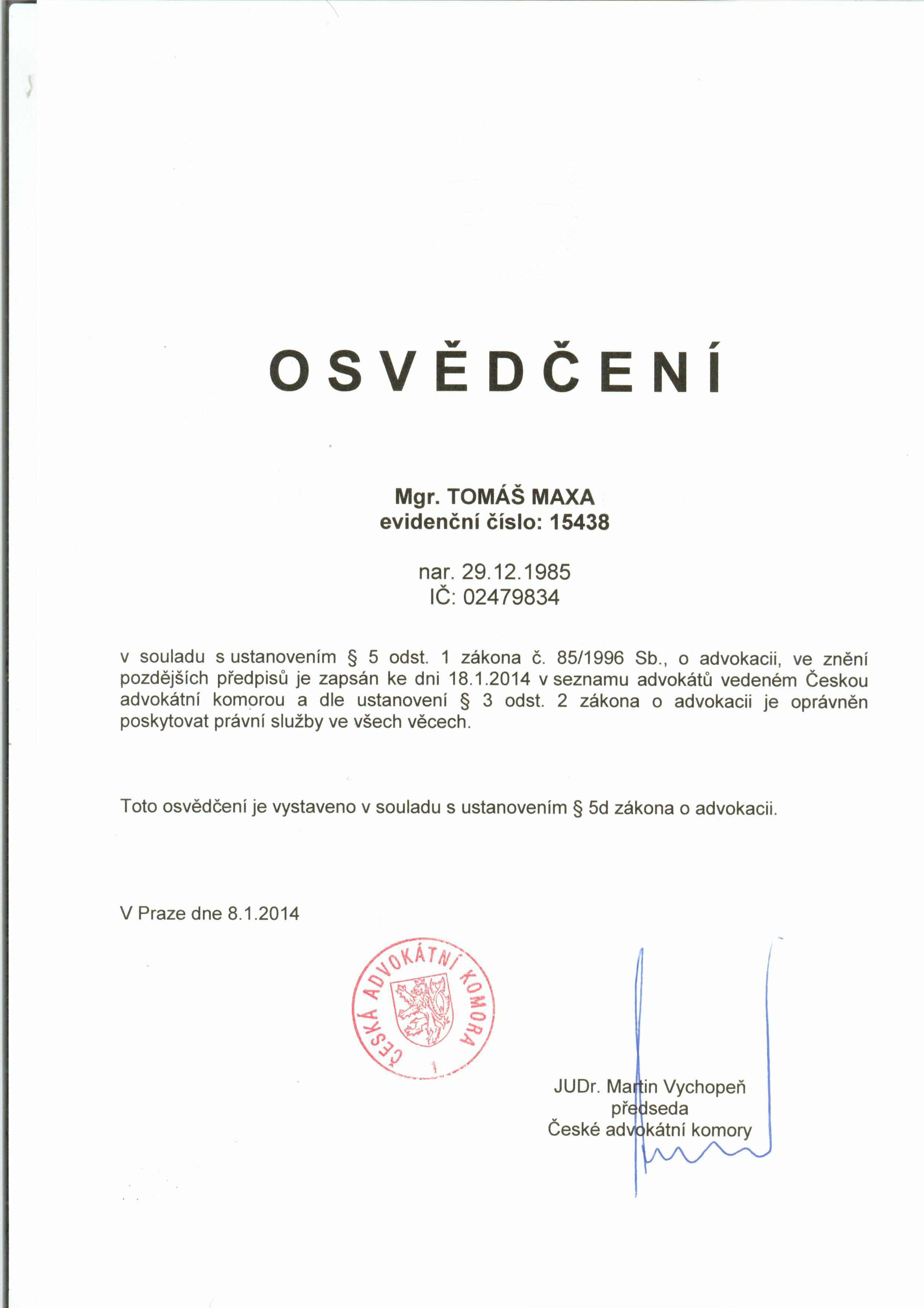 Osvědčení advokátní komory